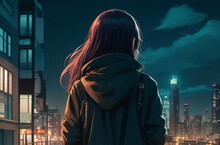 Cute Anime Woman Admiring Nighttime Cityscape In Lofi Style. Generative AI.