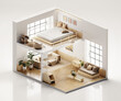 Isometric view bed room muji style open inside interior architecture, 3d rendering digital art.