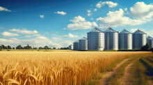 Silos In A Wheat Field. Storage Of Agricultural Production.