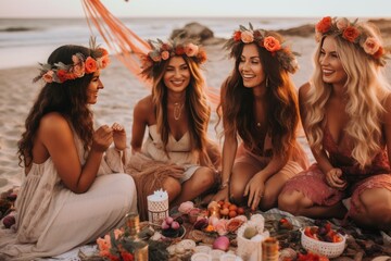 Canvas Print - wedding celebration or bride shower hen party night in the boho style at the beach, young women taking selfie smiling with friends and guests, sunny weather