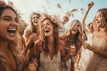 Wedding Celebration Or Bride Shower Hen Party Night In The Boho Style At The Beach, Young Women Taking Selfie Smiling With Friends And Guests, Sunny Weather