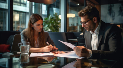 Wall Mural - Two business people, a business man and a business woman, engage in a discussion as they read a financial report together. Young business professionals working together in a modern finance company.