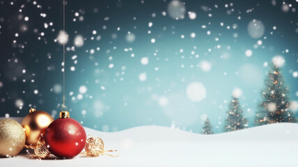 christmas tree, ball, snow, xmas decoration, new year banner, background with copy space
