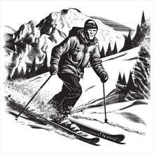 Hand Drawn Engraving Pen And Ink Person Skiing In The Snow Vintage Vector Illustration