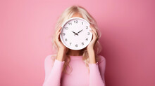  Beautiful Woman In Pink  Hiding Her Face With Pink Clock