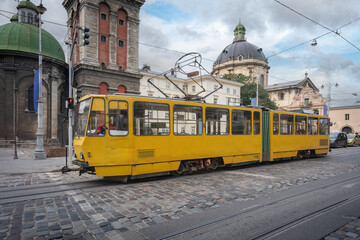 Poster - Yellow Tram in Downtown Lviv - Lviv, Ukraine