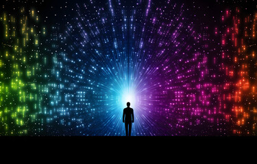 Male silhouette in front of a bursting colors illumination, energy expansion, information connection network.