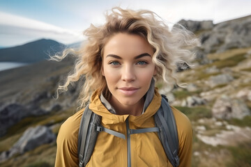 Wall Mural - Portrait of beautiful blonde haired woman hiking in nature, portrait and hiking for fitness outdoors