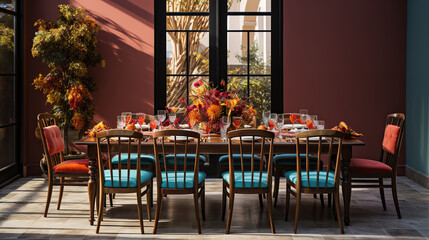 Wall Mural - Formal Thanksgiving table and chavari chairs in the fall family group holiday dinner. Generative Ai