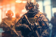 © AspctStyle - Portrait of special force standing together with guns, private military company servicemen, anti terrorist squad