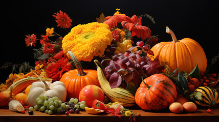 Wall Mural - Illustration of a thanksgiving cornucopia full of harvest fruits and vegetables. Generative Ai