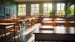 © Lucky Ai - Empty school classroom without young student. Blurry view of elementary class room no kid or teacher with chairs and tables in campus