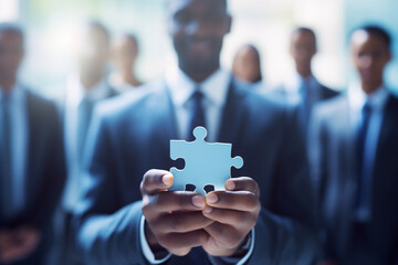 businessman two hand holding a peice of puzzle,group of peoples