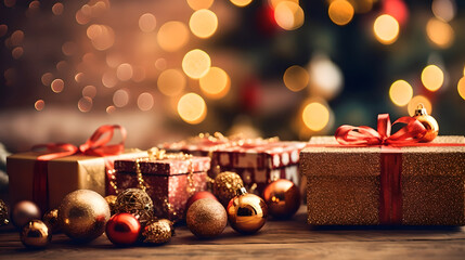 golden gift boxes christmas decoration ornament with bokeh blurred background
