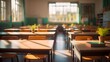© Lucky Ai - Empty school classroom without young student. Blurry view of elementary class room no kid or teacher with chairs and tables in campus