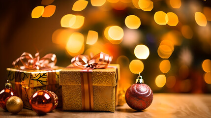 Wall Mural - Golden gift boxes christmas decoration ornament with bokeh blurred background