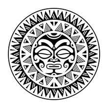 Round Tattoo Ornament With Sun Face Maori Style. African, Aztecs Or Mayan Ethnic Mask. Black And White.