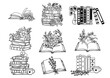 © TanForest - Set of hand drawn outline books designs. Vector floral books, stack of books, open book.