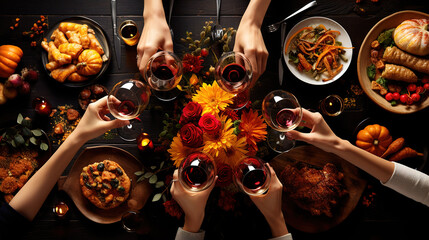 Poster - Celebrating Thanksgiving day, Flat-lay of feasting peoples hands clinking glasses. Generative Ai