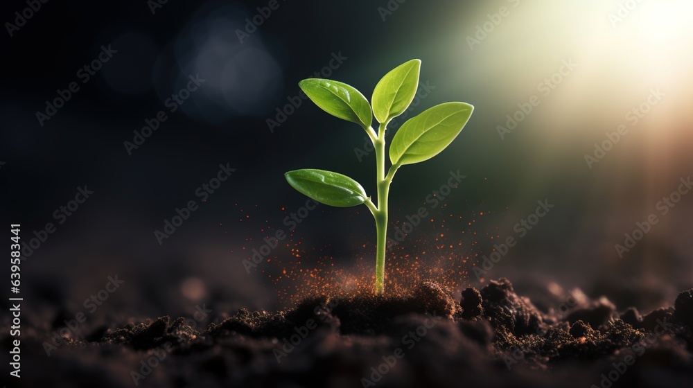 Seedling Emerging: A tiny sprout bursts forth from rich soil, bathed in ...
