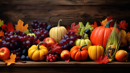 Wall Mural - Autumn fruits and vegetables on a retro wooden background with leaves. Generative Ai