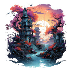 Wall Mural - A futuristic Halloween Haunted House design featuring a mansion in a cyberpunk cityscape, holographic ghosts haunting the digital streets, Generative Ai