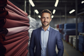 Poster - Smiling accountant amidst fabrics in warehouse, exuding professional confidence.