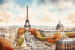 Watercolor Paris: Eiffel Tower backdrop, impressive cityscape.