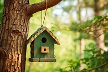 Rustic Green Birdhouse Hanging From Tree In Park - Closeup Of Shelter For Birds In Lush Greenery