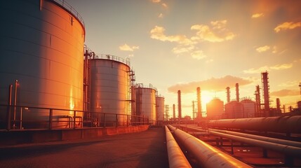 Sticker - oil refinery plant with pipes and at sunset