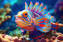 Mandarin Fish Swimming Between Sea Corals, Ecosystem And Environment Conservation