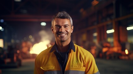 Canvas Print - Worker with helmet and crossed worker with helmet and crossed arms in a factory.Male Engineer with confident standing in manufacturing.