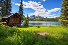 A Log Cabin Built On The Shore Of A Blue Lake With A Blue Sky, Soft Clouds, And Beautiful Green Nature. Travel Concept Suitable For Vacations And Holidays.