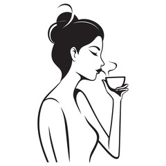 Sticker - Fashion woman witn cup of coffee or tea. Pop art illustration