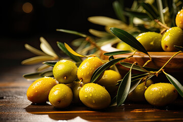 Wall Mural - Many olives with leaves on a wooden background