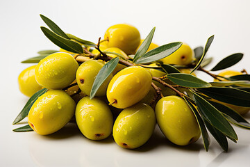 Poster - Fresh green olive fruits  with green leaves on branch on white background