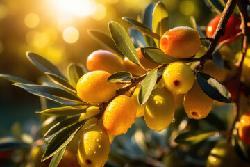 Poster - Fresh yellow green olives fruits with green leaves and rain drops on the tree branch  in sunlight background