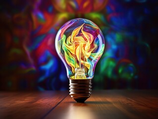 Glowing light bulb with colored lights on a wooden table against a multi-colored background. Energy saving concept.