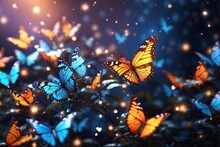 Flock Of Tropical Butterflies Isolated On A Dark Blue Background