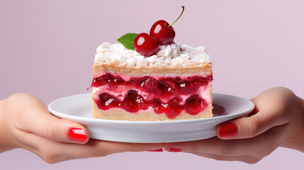 Wall Mural - Female hands holding plate with piece of tasty cherry pie on white background. Generative Ai