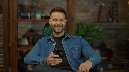 Sticker - Portrait of happy man with phone at home