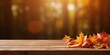 © OP38Studio - Wooden table in front of a colorful autumn landscape at sunset in forest, Beautiful autumn natural background concept with falling leaves and advertising space, generative ai