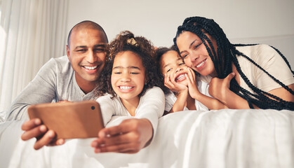 Poster - Happy, bed and selfie of family at home in morning for social media, memory and love. African woman, man and kids lying in bedroom for profile picture, vacation and relax with mother and father