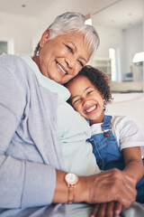 Poster - Portrait, hug and grandma with girl, smile and bonding with weekend break, love and care in a living room. Face, granny or kid with happiness, home and support in a lounge, family or loving together