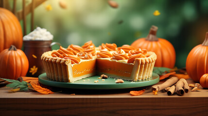 Canvas Print - Wooden board with pieces of tasty pumpkin pie on green background. Generative Ai