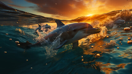 Wall Mural - An image of a group of dolphins jumping out of the water at sunset,