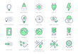 Lamp properties line icons. Vector illustration include icon - brightness, beam angle, electric plug, lumen, flashlight, dimmer outline pictogram for light bulb. Green Color, Editable Stroke