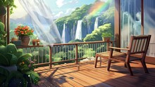 Refreshing Balcony View In The Morning With Waterfall And Beach. Seamless Looping 4 K Virtual Video Animation Background Footage. Generated With Ai
