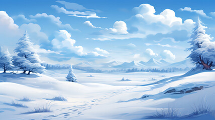 Wall Mural - Flat winter landscape. Snow backgrounds, snowdrifts, snowfall, clear blue sky. Generative Ai