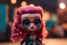 Cute Modern Doll With Big Blue Eyes And Pink Hair Close Up. Fashion Style